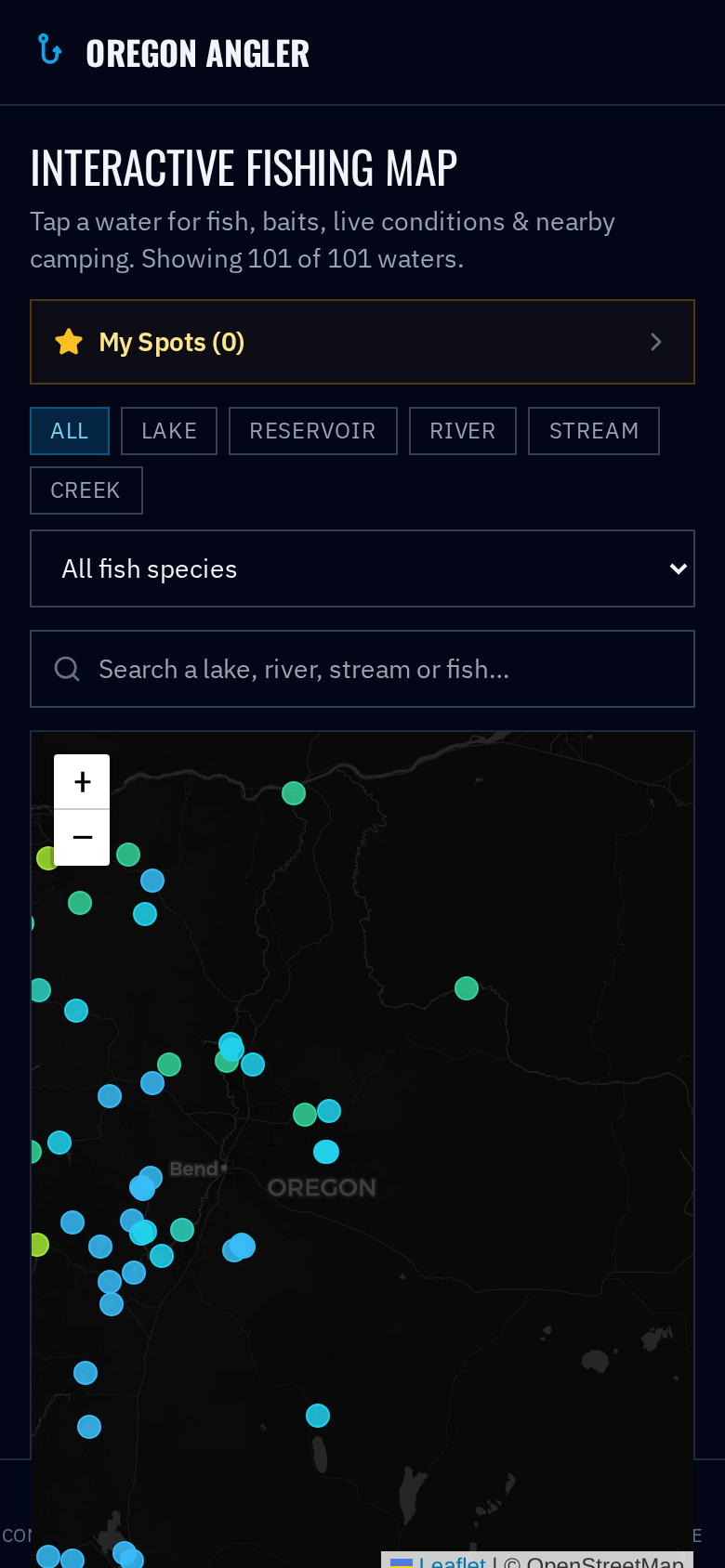Oregon Angler interactive fish map with 101 waters, filters and live conditions